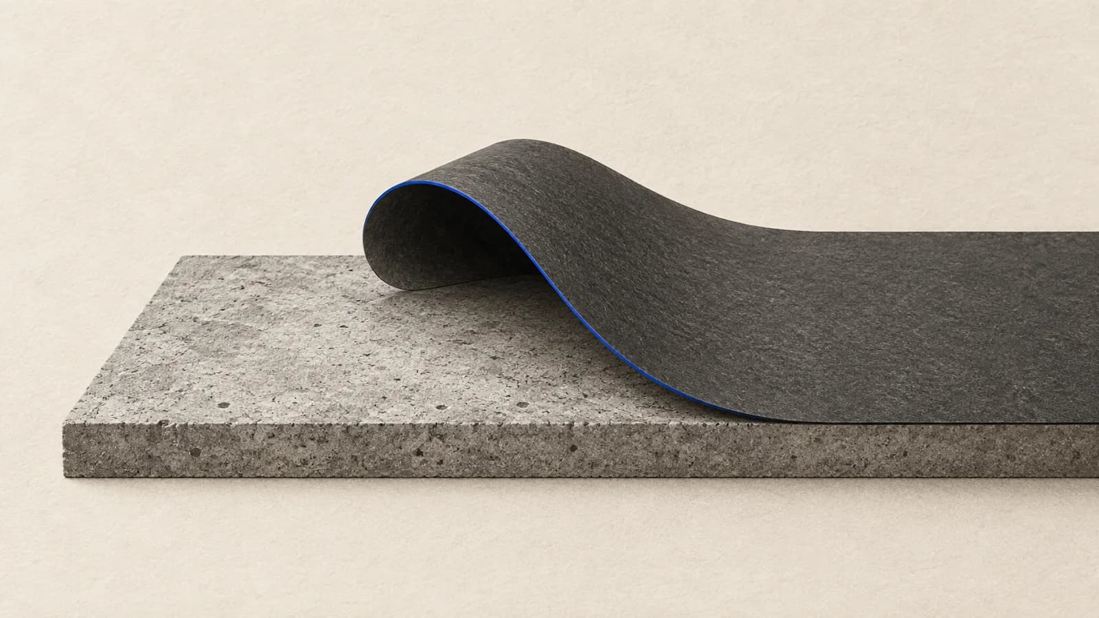 A charcoal flooring sheet curls back from a concrete-textured slab, revealing a cobalt edge