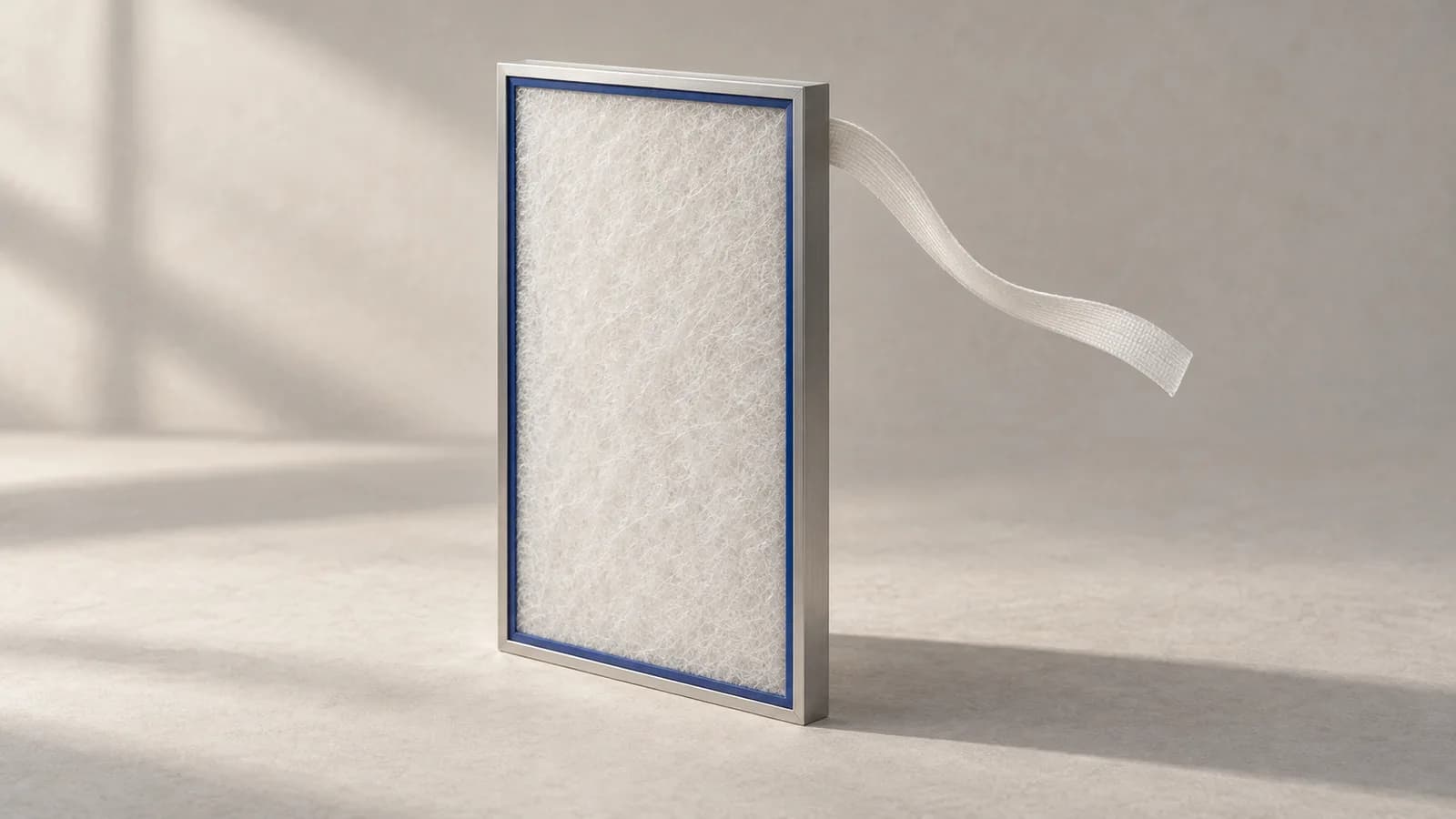 An upright filter miniature in an aluminium frame with a cobalt seal and a white ribbon curving behind it