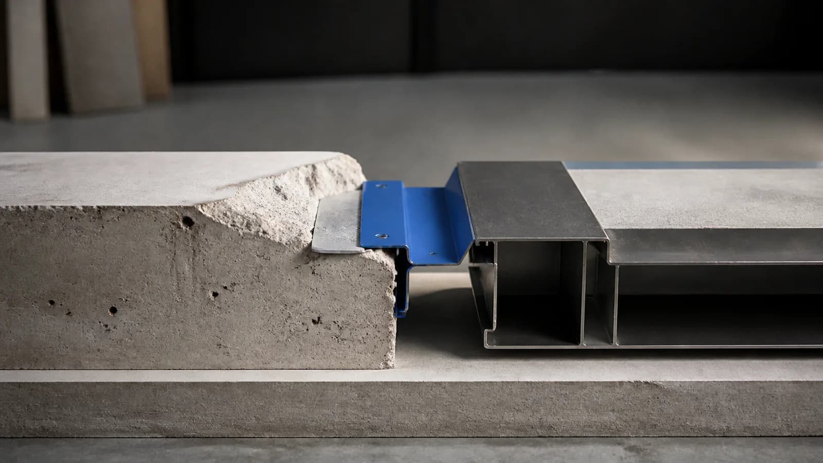 A rough concrete edge and a precise prefabricated assembly are bridged by one cobalt folded adjustment joint, representing controlled interface fit