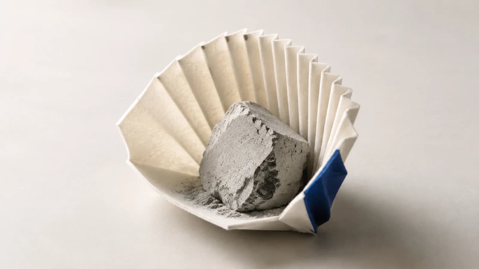 Folded filter paper with a cobalt edge cradles a concrete fragment and settled dust